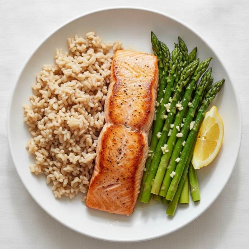 Seared Salmon with Lemon-Garlic Asparagus and Brown Rice