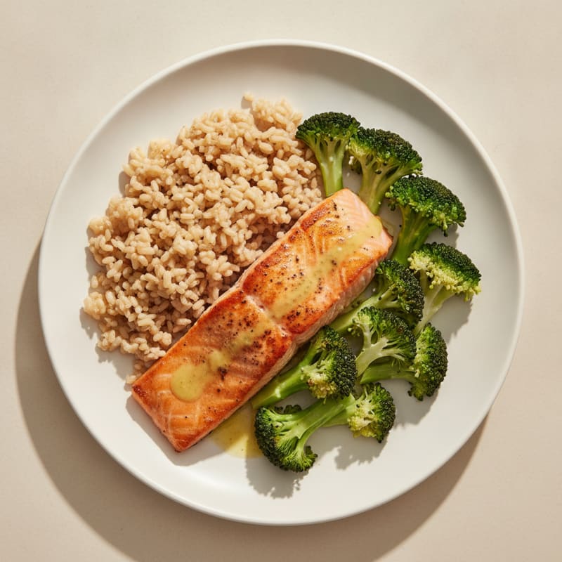 Seared Salmon with Steamed Broccoli and Brown Rice