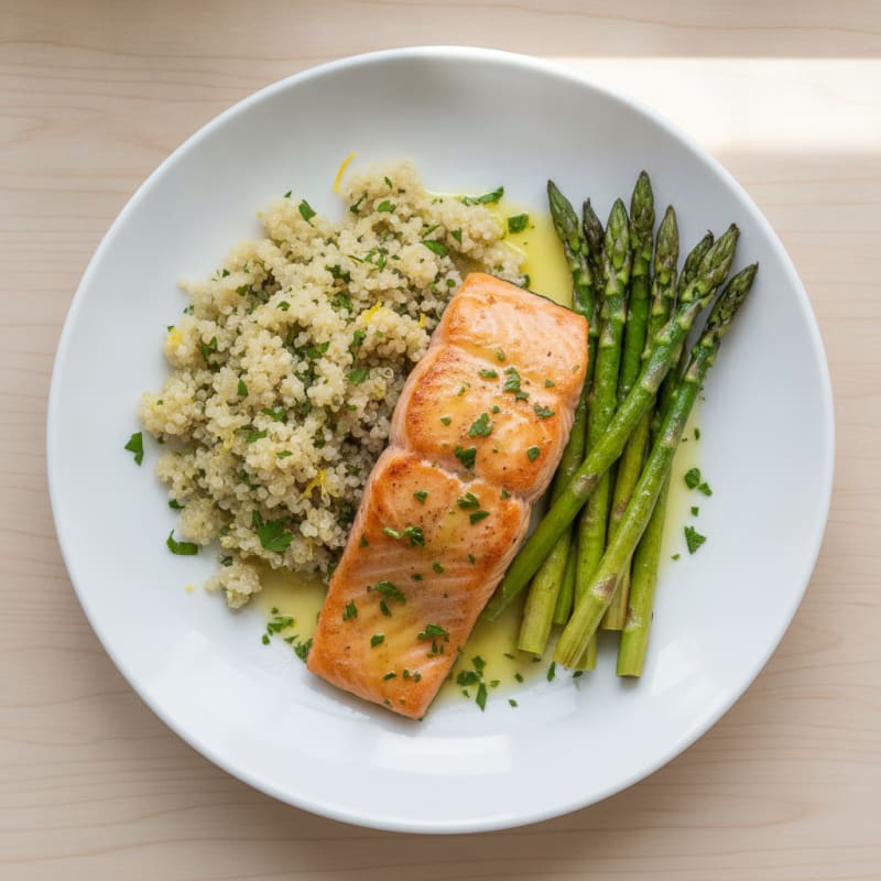 Seared Salmon Fillet with Roasted Asparagus and Lemon-Herb Quinoa
