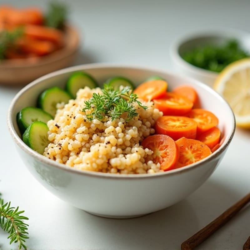 Creamy Protein Powder Quinoa Bowl with Sliced Cucumber and Carrot