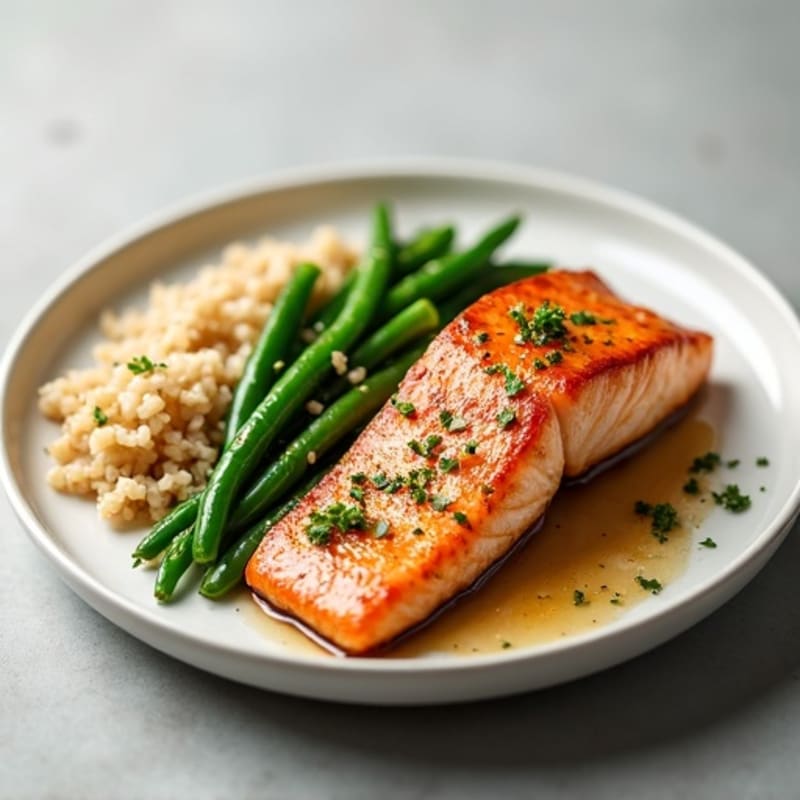 Seared Salmon with Steamed Green Beans and Brown Rice