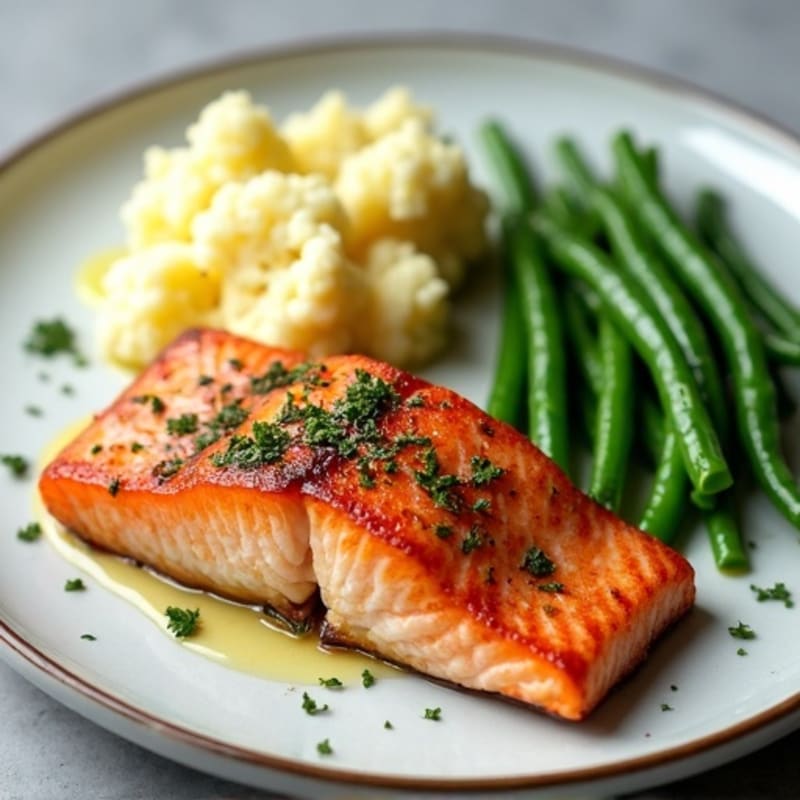 Seared Salmon with Steamed Green Beans and Garlic Mashed Cauliflower