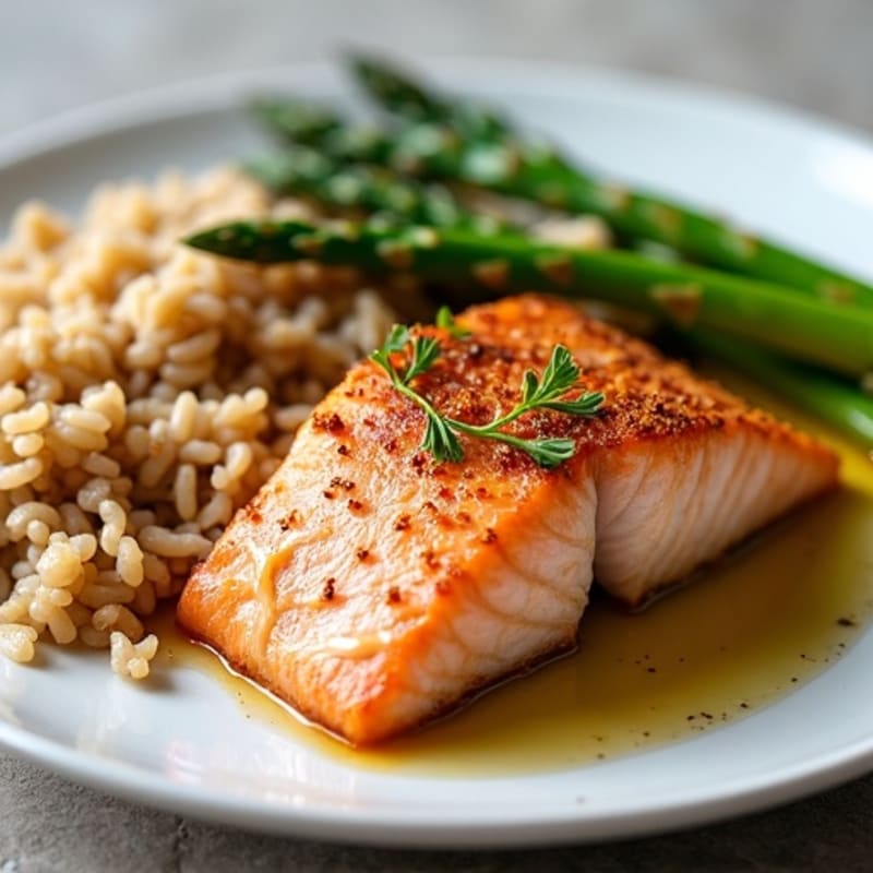 Seared Salmon with Steamed Asparagus and Brown Rice
