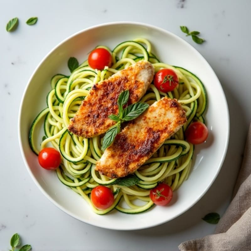 Creamy Chicken Zucchini Noodles with Sun-Dried Tomato Pesto