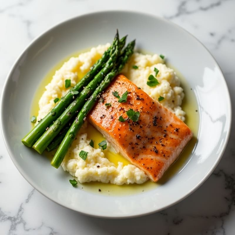 Seared Salmon with Steamed Asparagus and Garlic Cauliflower Mash