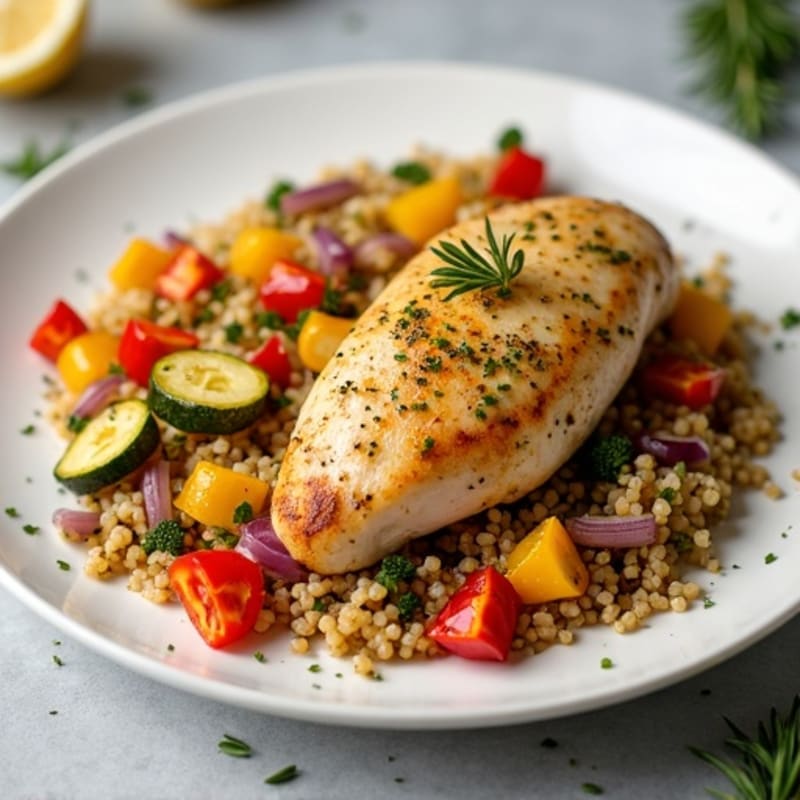 Lemon-Herb Roasted Chicken with Crispy Roasted Vegetables and Quinoa