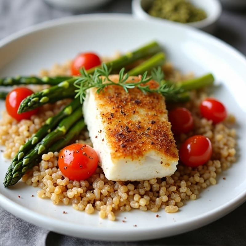 Crispy Baked Cod with Roasted Asparagus, Cherry Tomatoes, and Quinoa