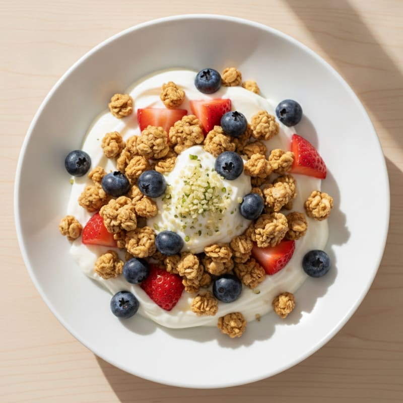 Vanilla Greek Yogurt Parfait with Protein Granola and Berries