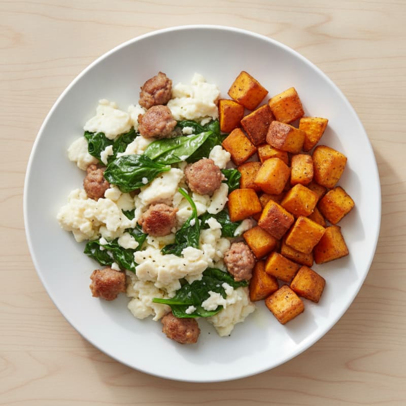 Egg White and Turkey Sausage Scramble with Spinach and Roasted Sweet Potatoes