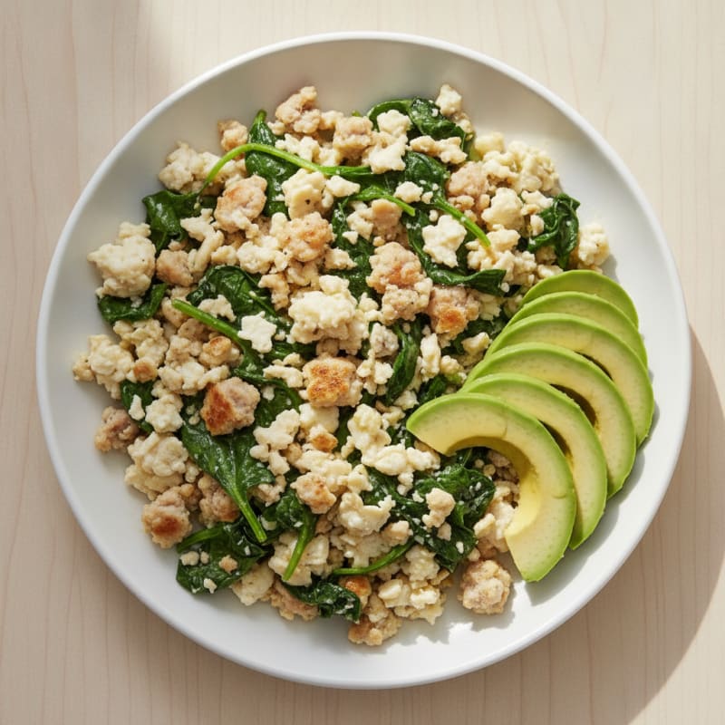 Egg White and Turkey Sausage Scramble with Sautéed Spinach