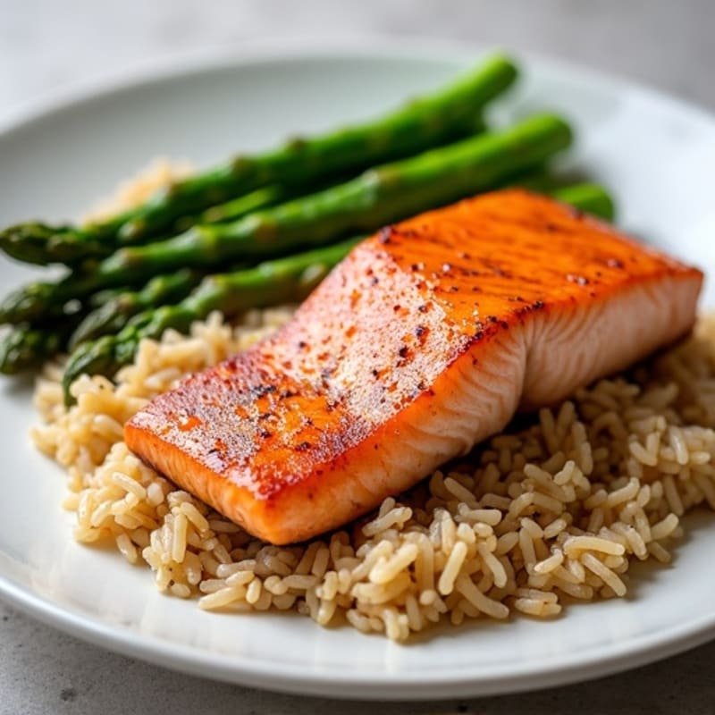 Seared Salmon with Steamed Asparagus and Brown Rice