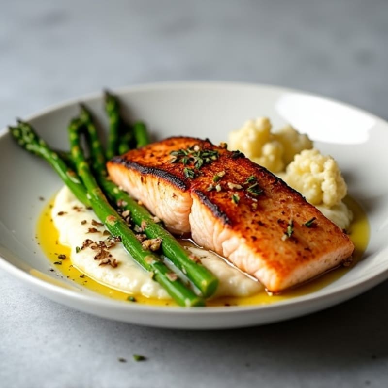 Seared Salmon with Roasted Asparagus and Cauliflower Mash