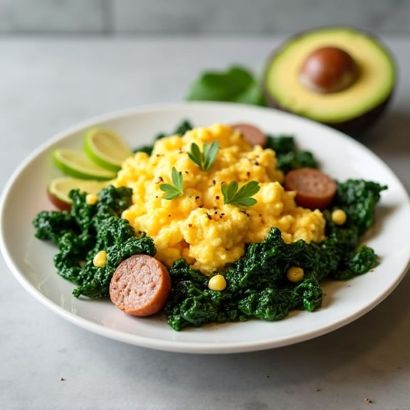 Egg White Scramble with Turkey Sausage and Sautéed Spinach