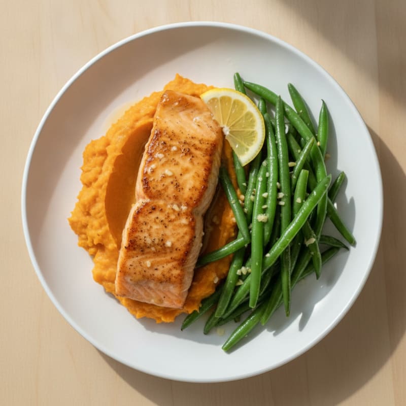 Seared Salmon with Garlic Green Beans and Sweet Potato Mash