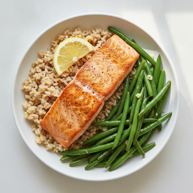 Seared Salmon with Garlic Green Beans and Brown Rice