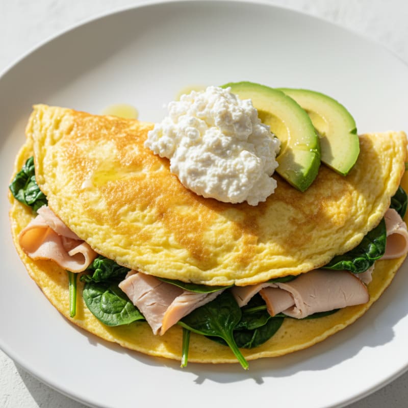 Egg White Spinach Omelet with Cottage Cheese and Sliced Turkey