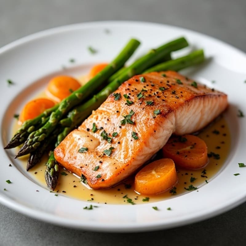 Seared Salmon with Garlic Roasted Sweet Potato and Asparagus