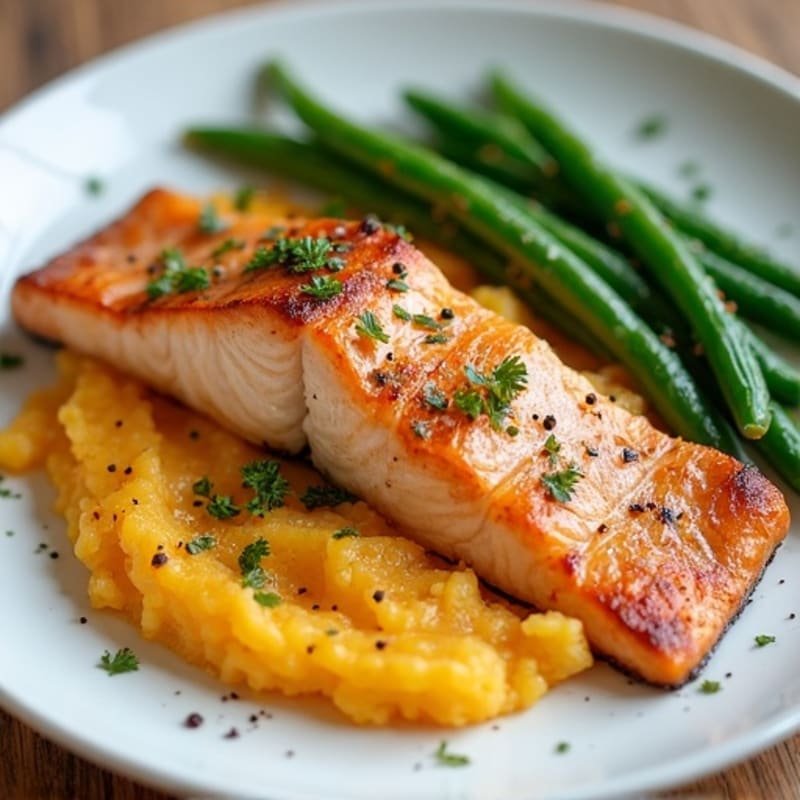 Seared Salmon Fillet with Garlic Green Beans and Mashed Sweet Potato