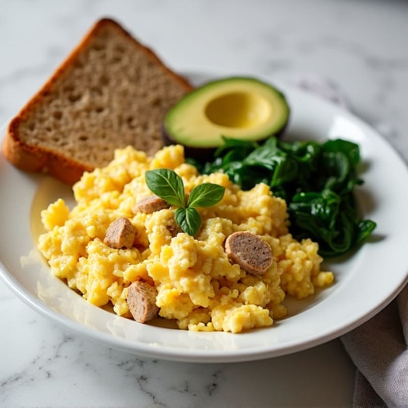 Egg White Scramble with Turkey Sausage and Sautéed Spinach