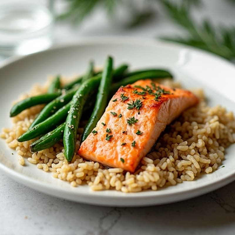 Seared Salmon with Garlic Green Beans and Brown Rice