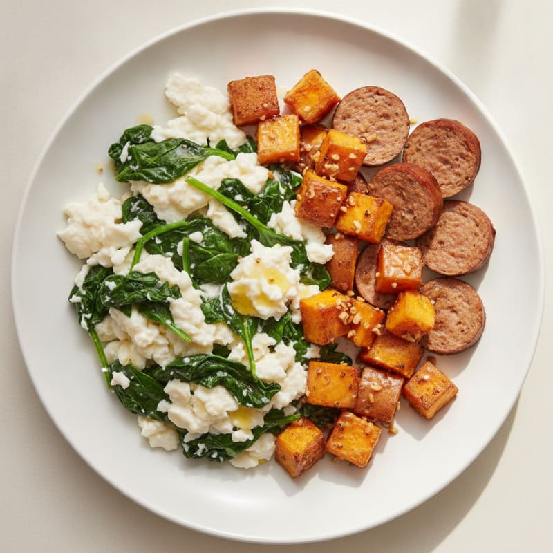 Egg White Spinach Scramble with Turkey Sausage and Roasted Sweet Potatoes