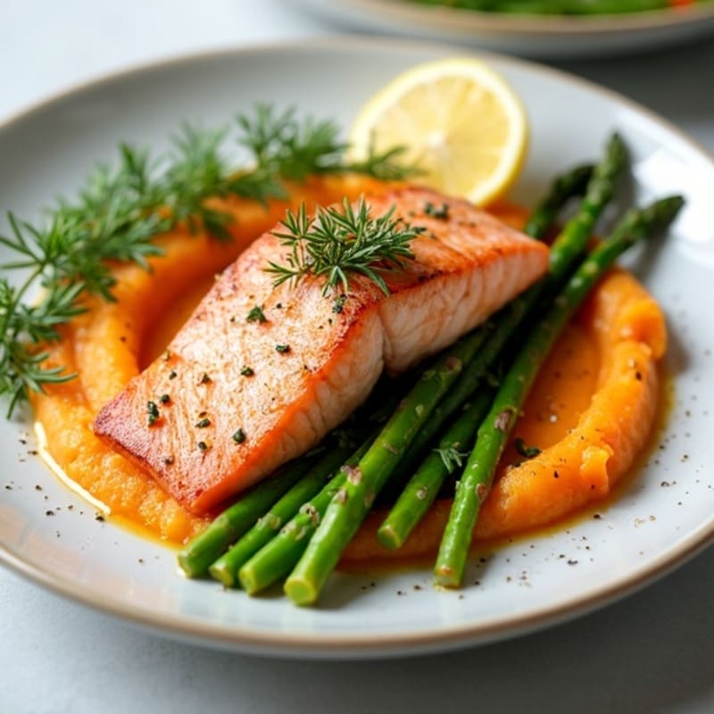 Seared Salmon with Roasted Asparagus and Sweet Potato Mash
