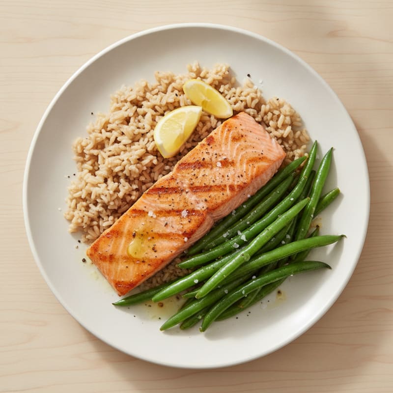 Seared Salmon Fillet with Steamed Green Beans and Brown Rice