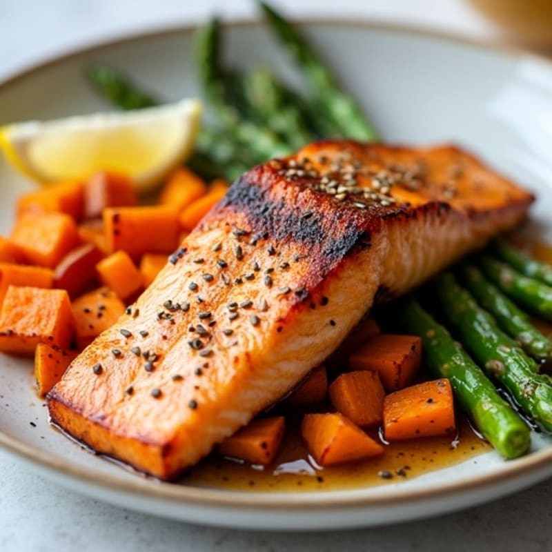 Seared Salmon Fillet with Roasted Sweet Potatoes and Asparagus