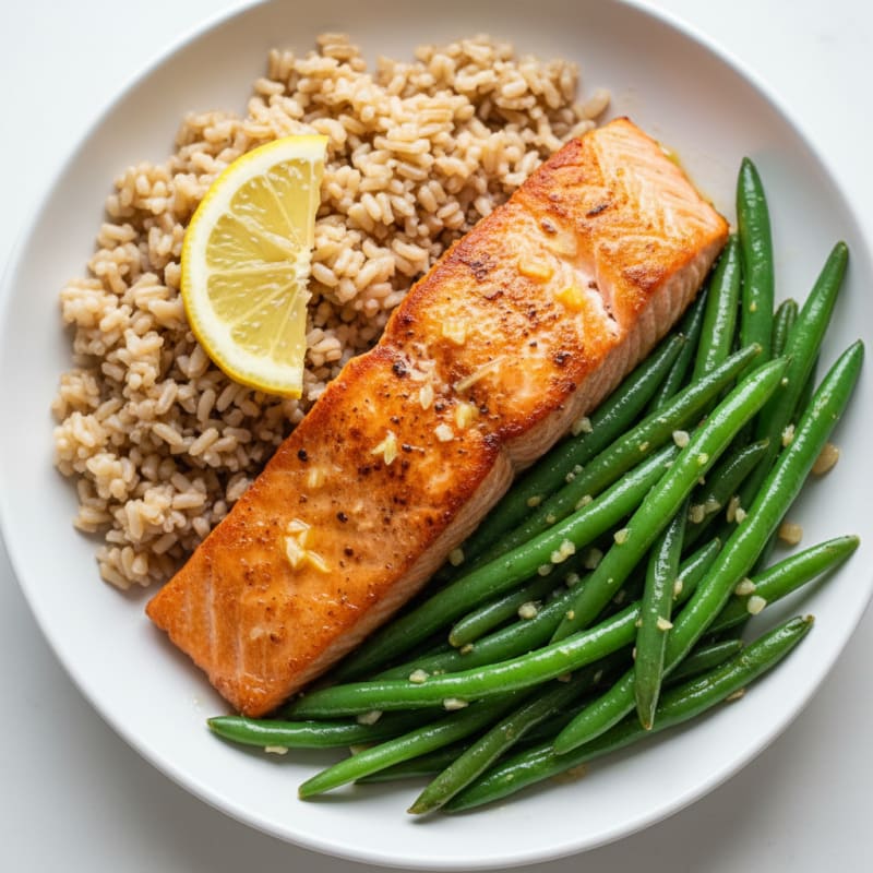 Seared Salmon with Garlic Green Beans and Brown Rice