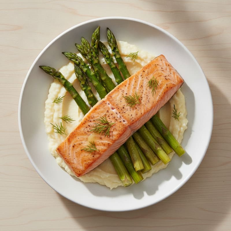 Seared Salmon with Roasted Asparagus and Cauliflower Mash