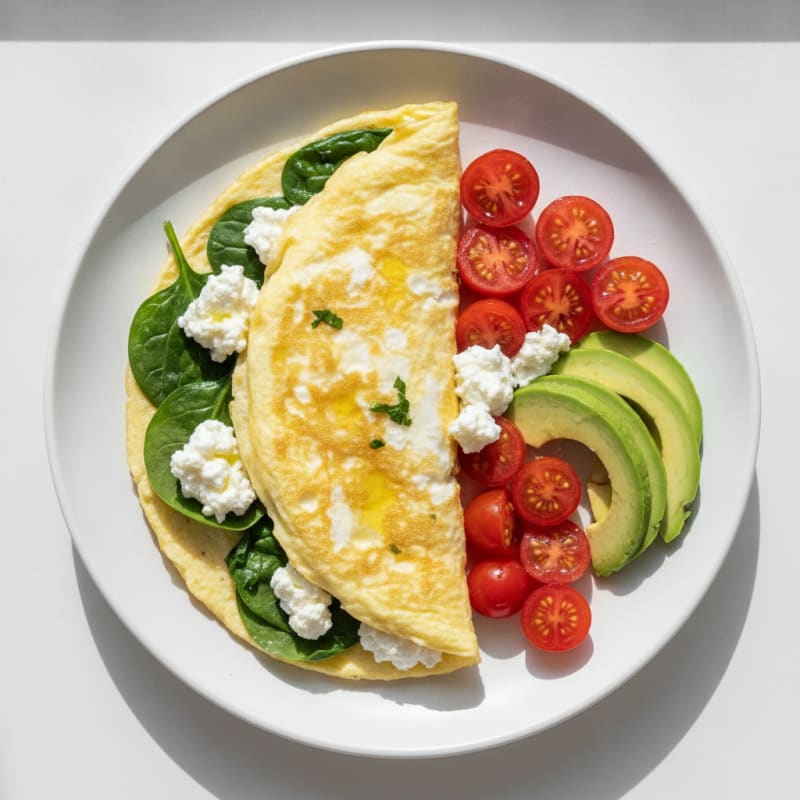 Egg White Spinach Omelette with Cottage Cheese and Cherry Tomatoes