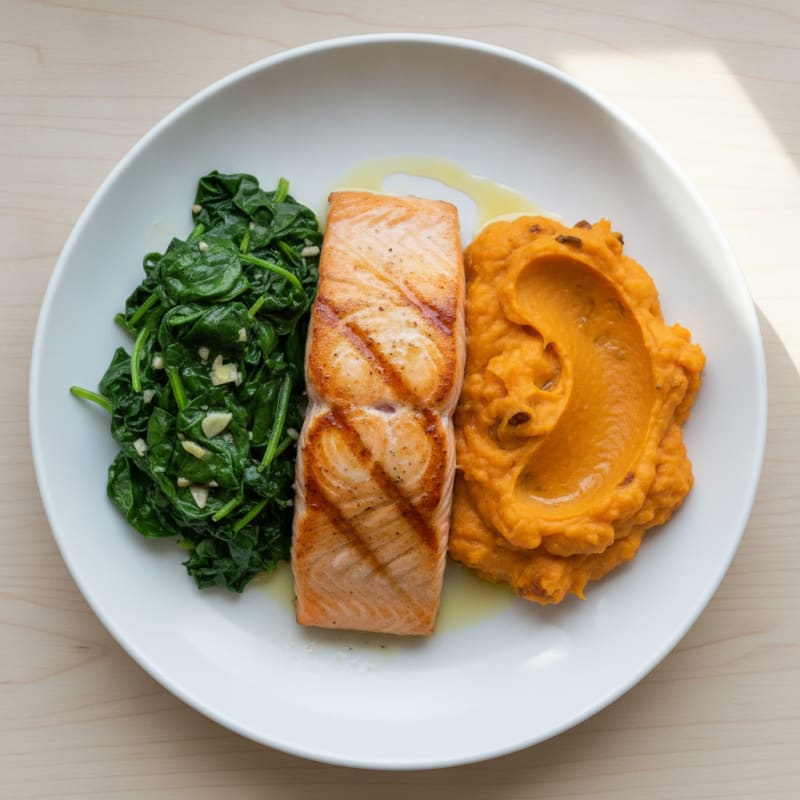 Seared Salmon with Garlic Spinach and Sweet Potato Mash