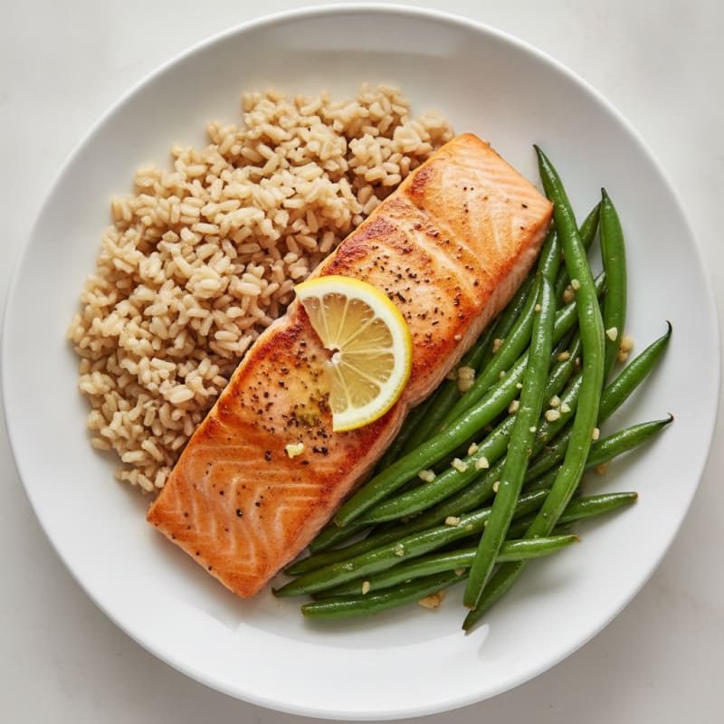 Seared Salmon with Garlic Green Beans and Brown Rice