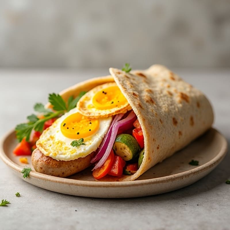 Lean Turkey Sausage and Fluffy Scrambled Egg Burrito with Roasted Vegetables