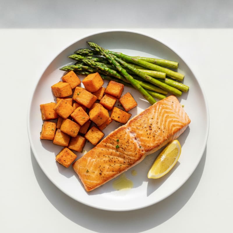 Seared Salmon with Roasted Sweet Potato and Asparagus