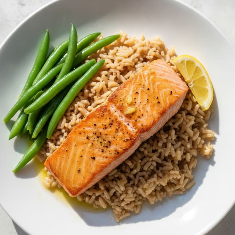 Seared Salmon Fillet with Steamed Green Beans and Brown Rice