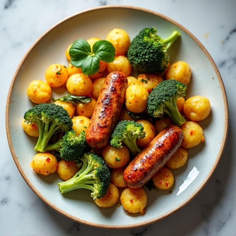 Crispy Sheet Pan Gnocchi with Roasted Chicken Sausage and Green Pesto Vegetables