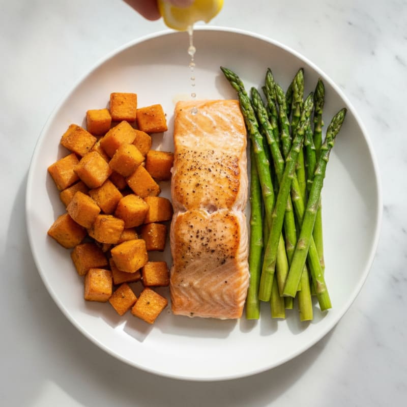 Pan-Seared Salmon with Roasted Sweet Potatoes and Asparagus