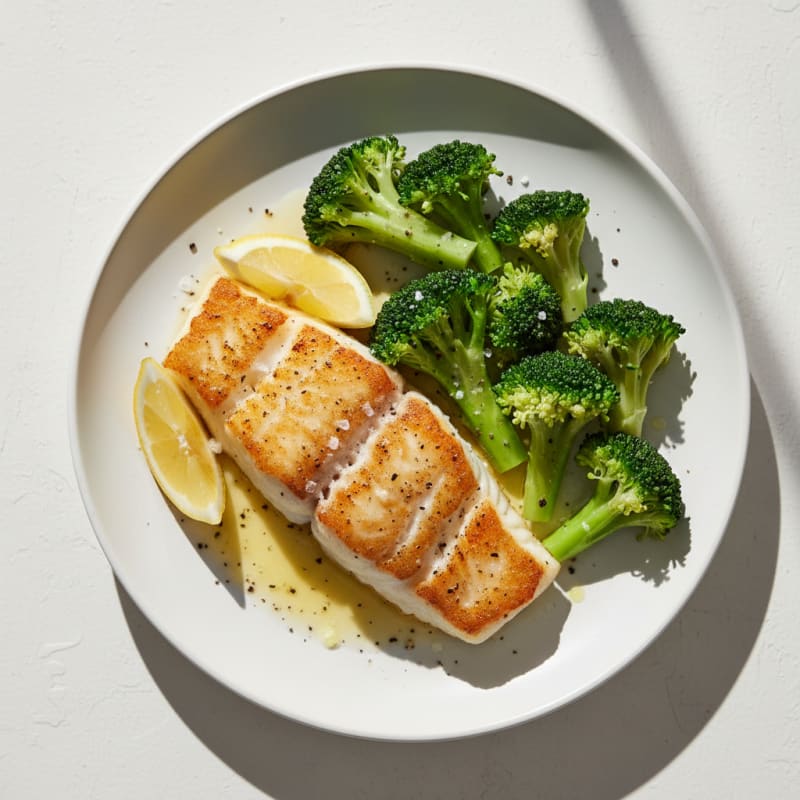 Seared Cod Fillet with Steamed Broccoli and Lemon