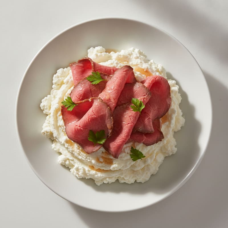 Whipped Cottage Cheese with Protein Powder and Sliced Roast Beef