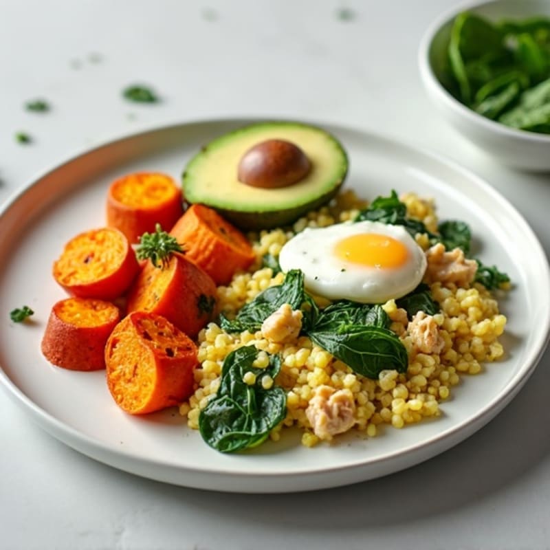 Egg White and Turkey Spinach Scramble with Roasted Sweet Potatoes