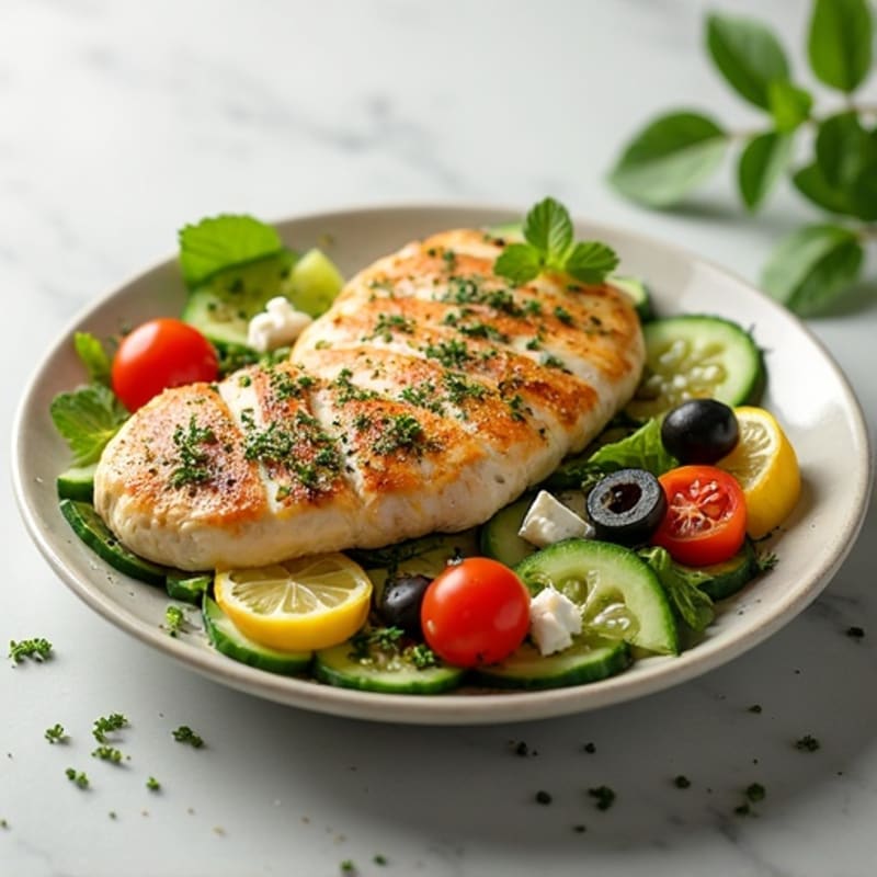 Lemon Herb Chicken with Fresh Feta, Cucumber, Tomato, and Olive Salad