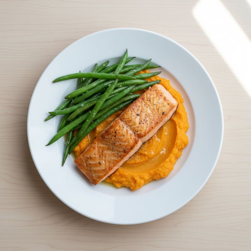 Seared Salmon with Steamed Green Beans and Sweet Potato Mash