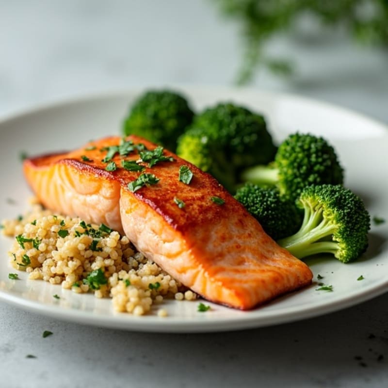 Seared Salmon with Steamed Broccoli and Quinoa