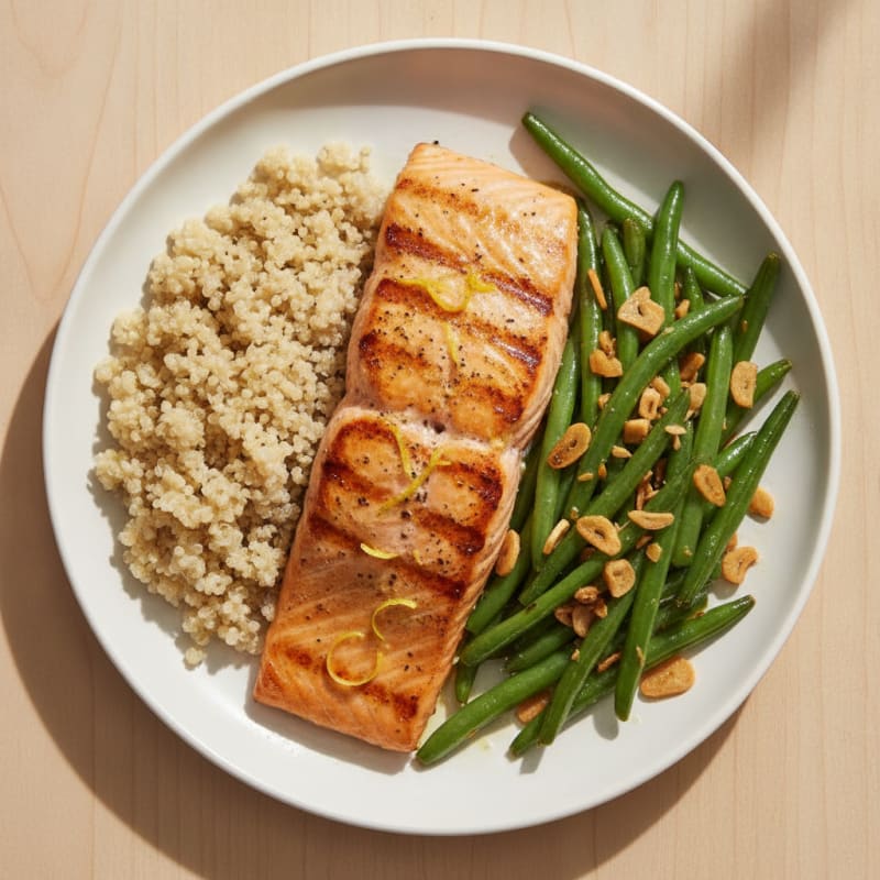 Grilled Salmon Fillet with Garlic Green Beans and Quinoa