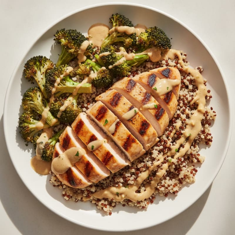 Grilled Chicken Breast with Quinoa, Roasted Broccoli and Lemon Tahini Drizzle