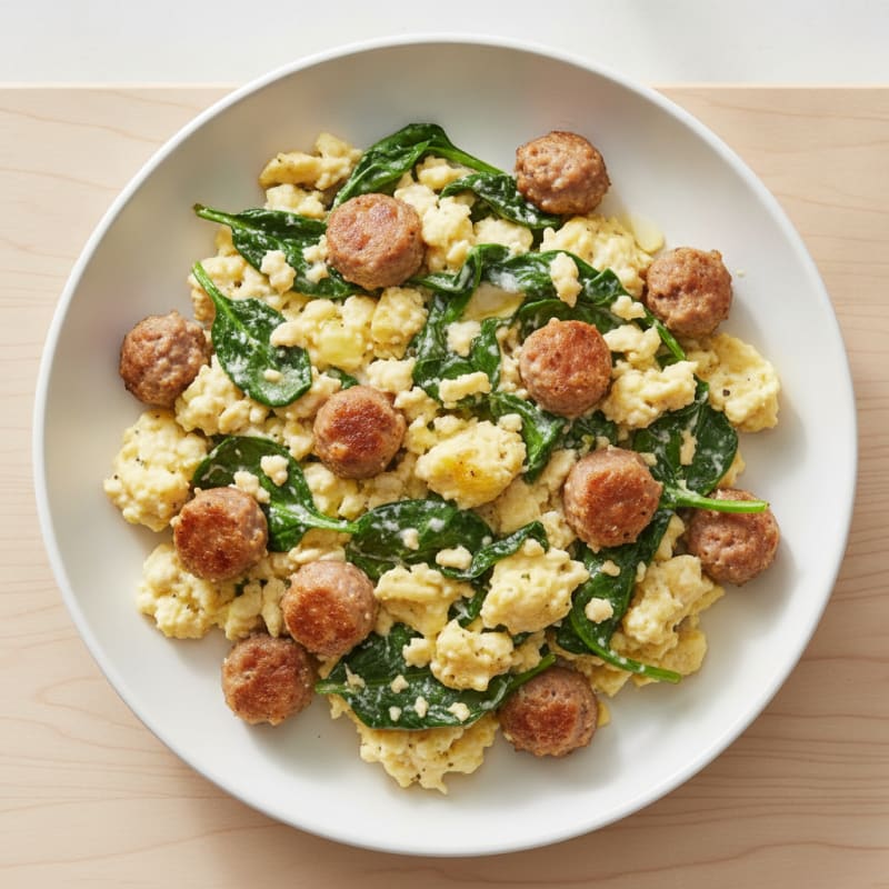 Cottage Cheese Scramble with Spinach and Turkey Sausage