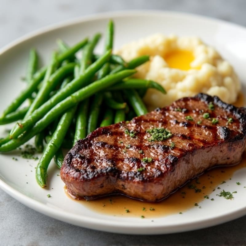 Seared Sirloin Steak with Garlic Green Beans and Cauliflower Mash