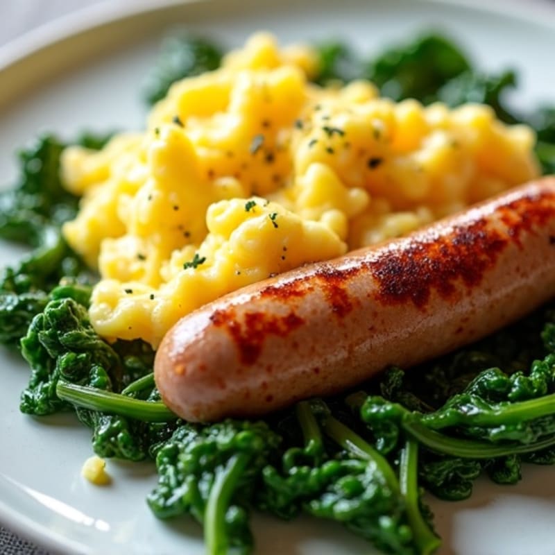 Lean Turkey Sausage and Fluffy Scrambled Eggs with Sautéed Spinach