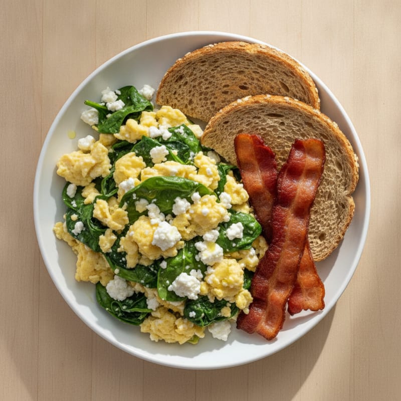 Cottage Cheese Scramble with Spinach and Turkey Bacon